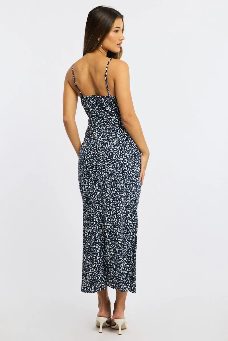 Blue Ditsy Midi Dress Gathering Bust Sleeveless sold by Ally Fashion product image thumbnail 4