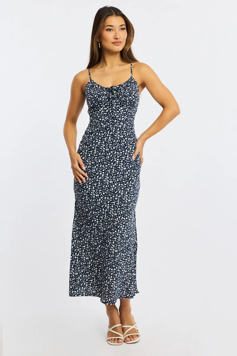 Blue Ditsy Midi Dress Gathering Bust Sleeveless sold by Ally Fashion