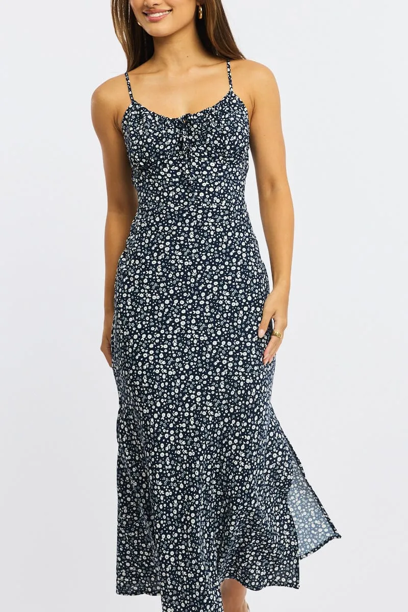 Blue Ditsy Midi Dress Gathering Bust Sleeveless sold by Ally Fashion product image thumbnail 5
