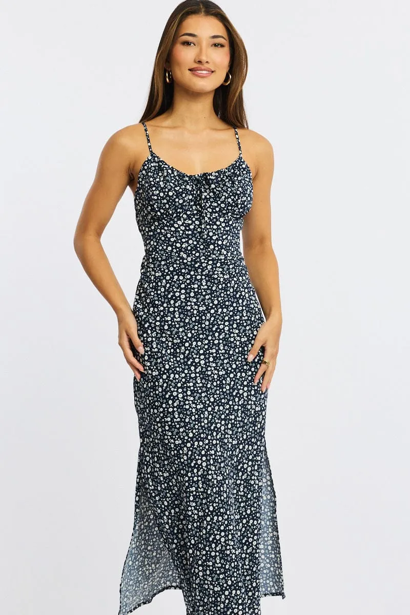 Blue Ditsy Midi Dress Gathering Bust Sleeveless sold by Ally Fashion product image thumbnail 2
