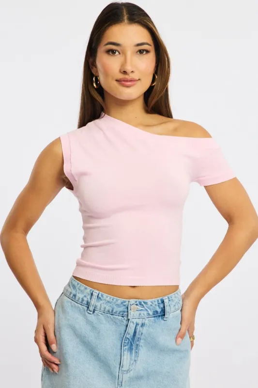 Pink Knit Top Off Shoulder sold by Ally Fashion