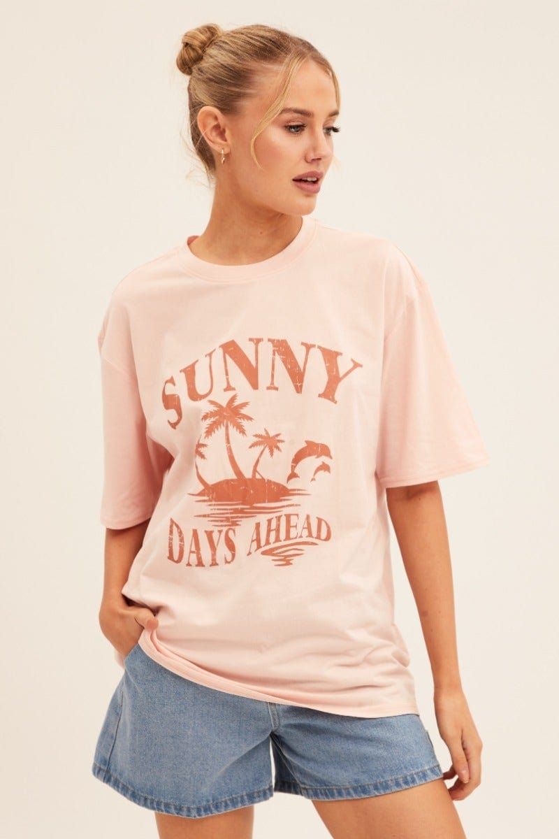 Pink Graphic T Shirt Short Sleeve Crew Neck sold by Ally Fashion