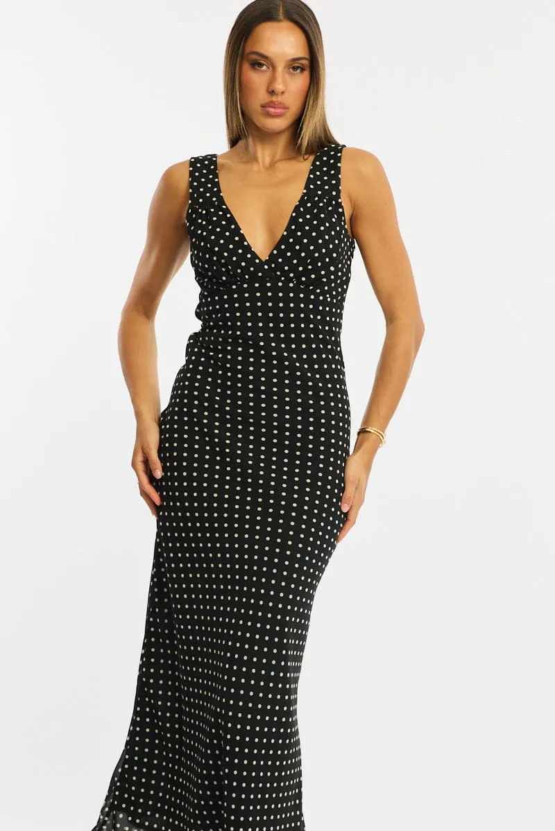 Black Polka Dot Maxi Dress V-neck Chiffon sold by Ally Fashion product image thumbnail 2