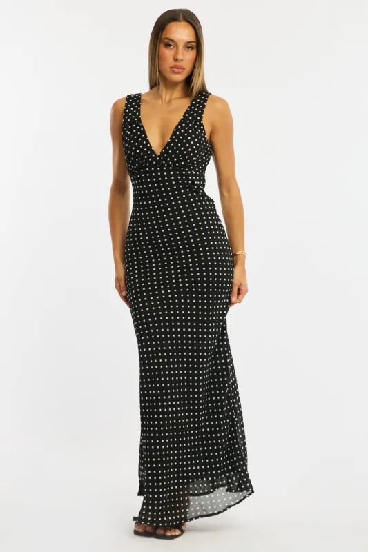 Black Polka Dot Maxi Dress V-neck Chiffon sold by Ally Fashion