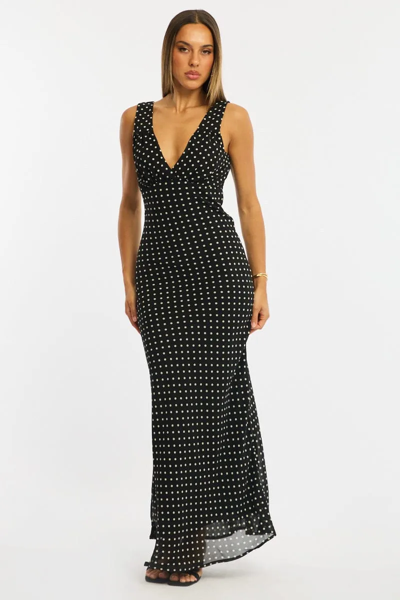 Black Polka Dot Maxi Dress V-neck Chiffon sold by Ally Fashion