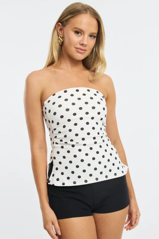 White Polka Dot Bandeau Top Side Split sold by Ally Fashion
