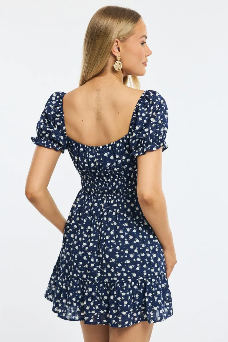 Blue Floral Fit And Flare Dress Puff Sleeve sold by Ally Fashion product image thumbnail 4