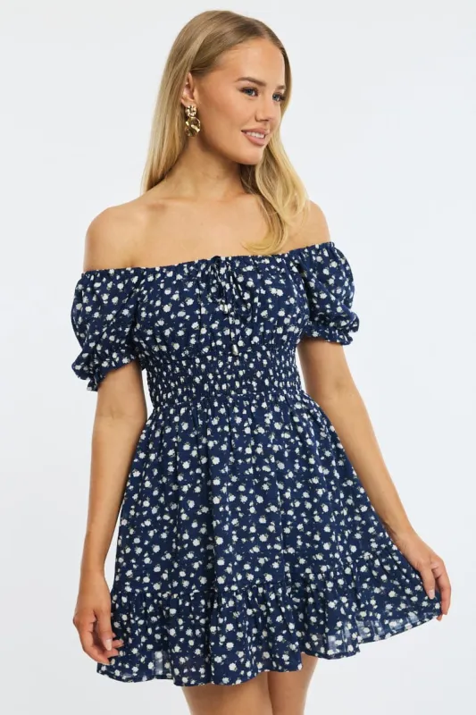 Blue Floral Fit And Flare Dress Puff Sleeve made by Ally Fashion