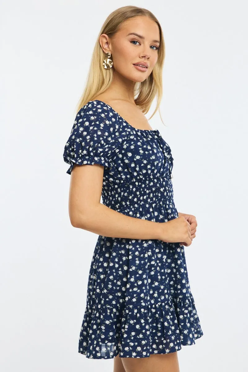 Blue Floral Fit And Flare Dress Puff Sleeve sold by Ally Fashion product image thumbnail 3