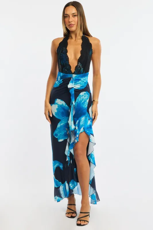 Blue Floral Midi Dress Halter Neck Mesh sold by Ally Fashion