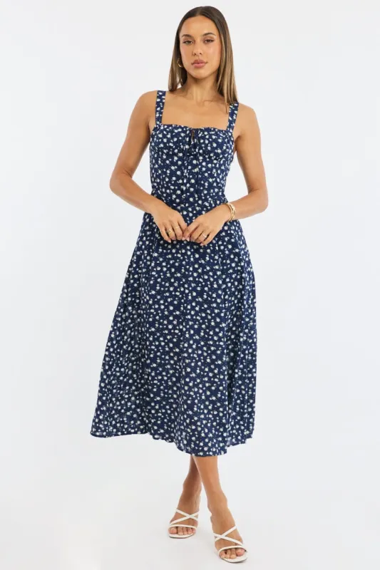 Blue Ditsy Midi Dress Ruched Bust sold by Ally Fashion
