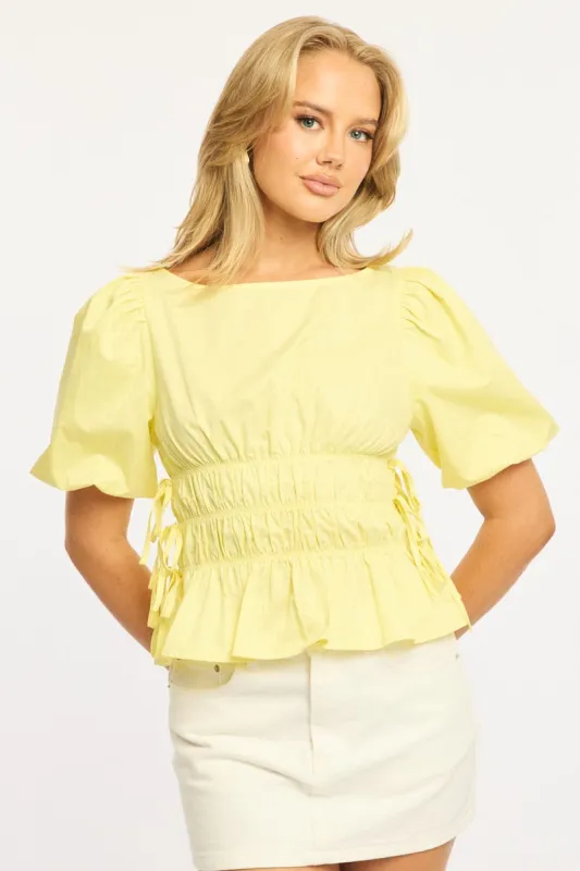 Yellow Gathered Top Boat Neck Short Puff Sleeve sold by Ally Fashion
