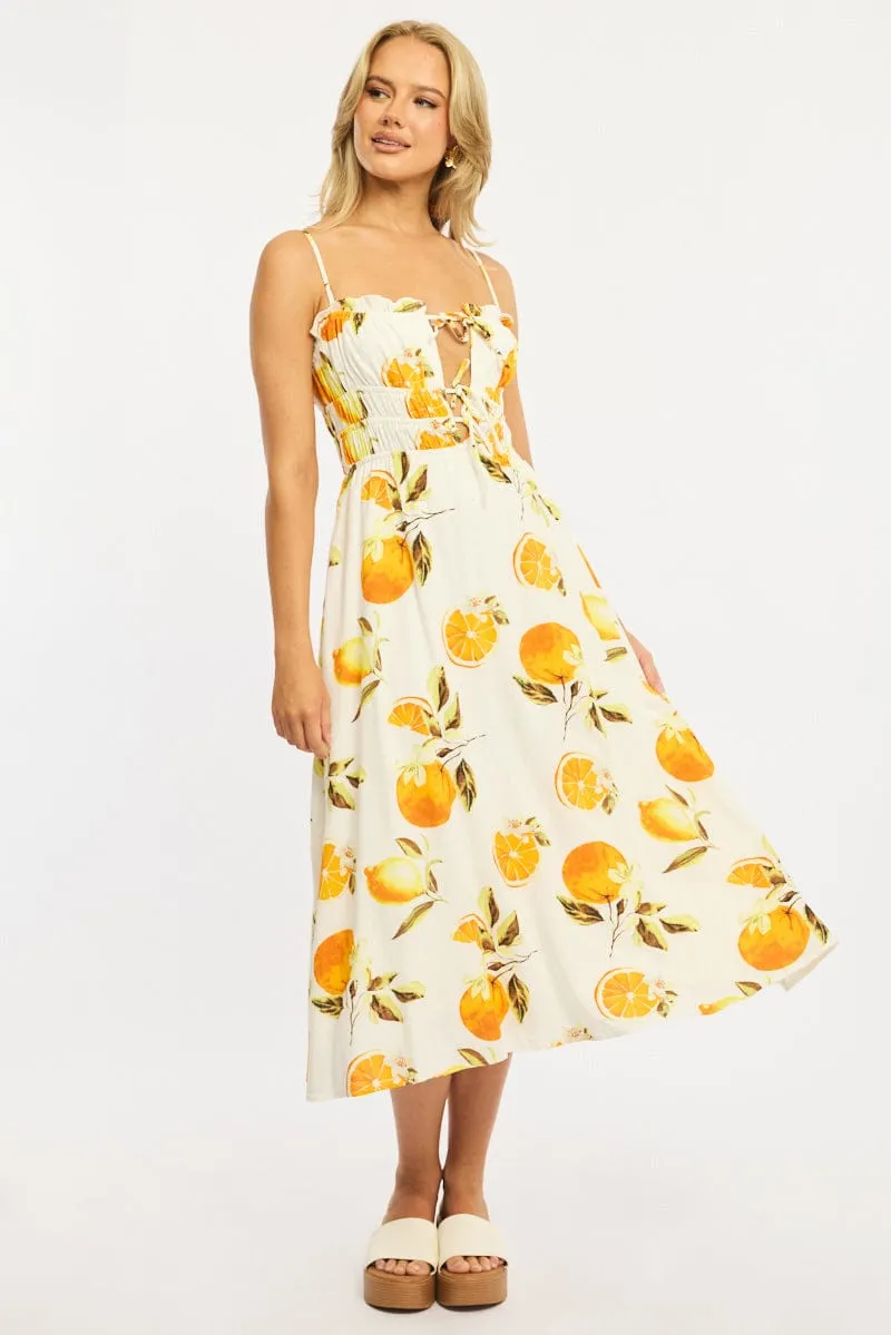 Orange Abstract Midi Dress Ribbon Detail Strappy sold by Ally Fashion