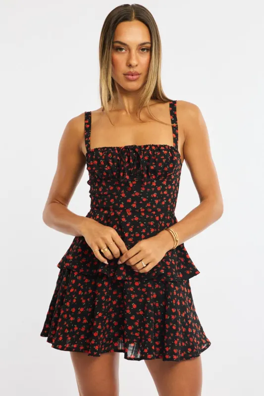 Black Ditsy Fit And Flare Dress Square Neck Mini sold by Ally Fashion