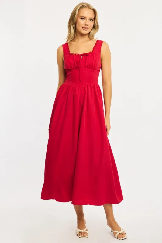Red Midi Dress Gathering Bust sold by Ally Fashion