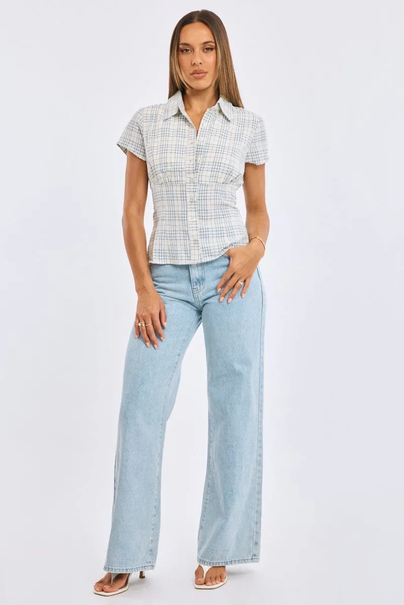 Blue Check Short Sleeve Shirt Collared Button Up Textured sold by Ally Fashion product image thumbnail 2