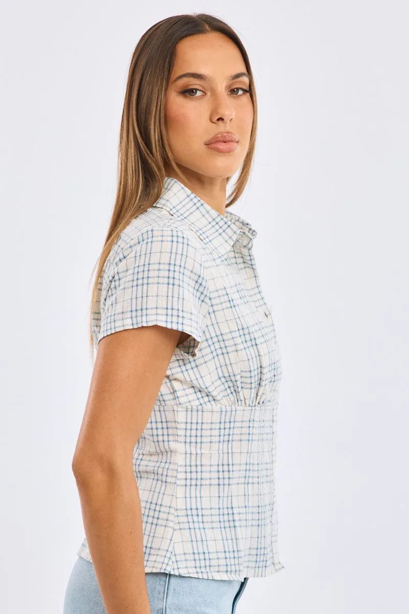 Blue Check Short Sleeve Shirt Collared Button Up Textured sold by Ally Fashion product image thumbnail 3
