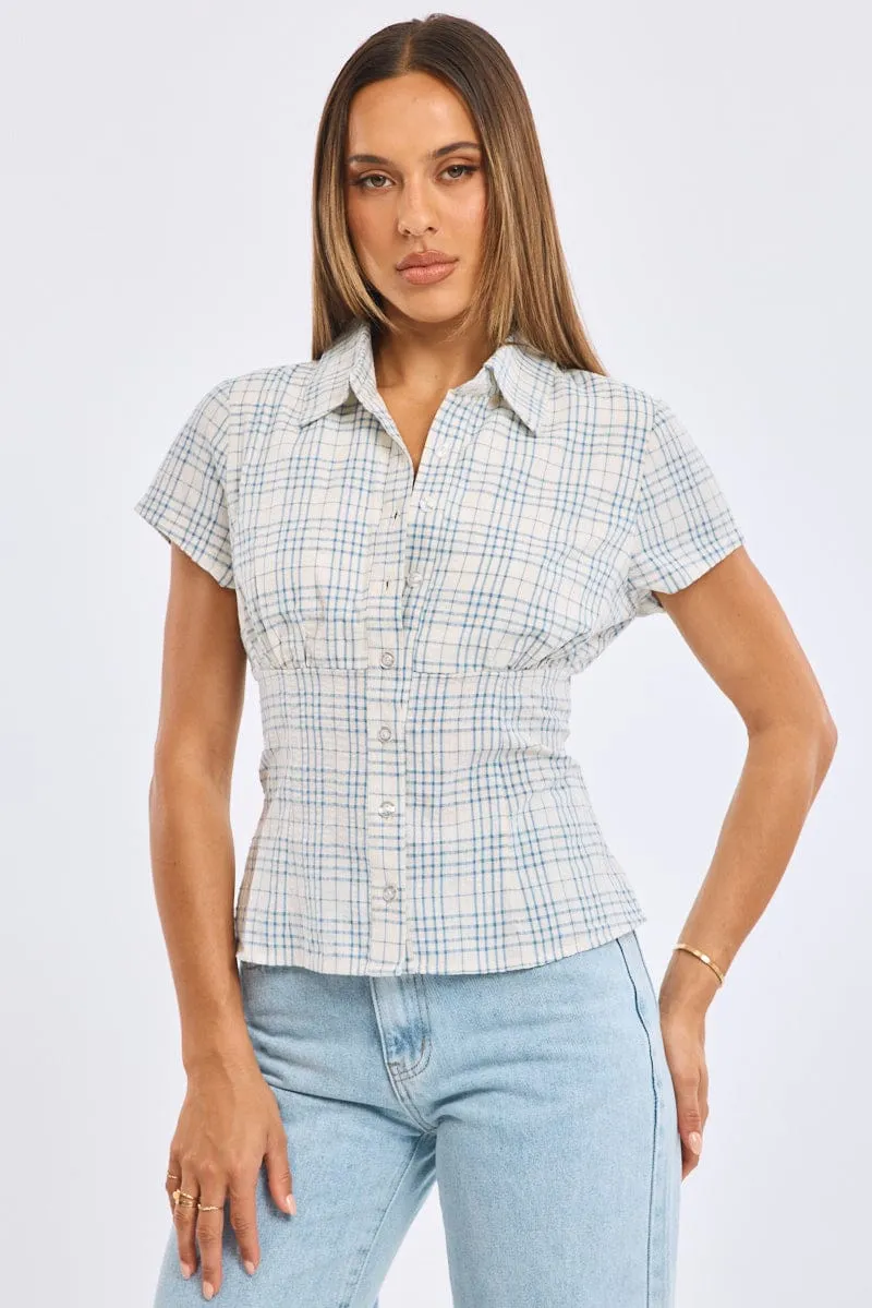 Blue Check Short Sleeve Shirt Collared Button Up Textured sold by Ally Fashion