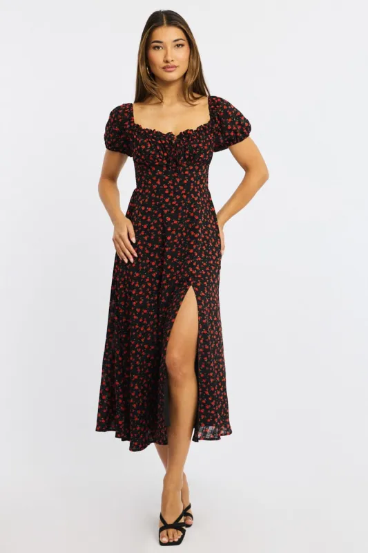 Black Ditsy Midi Dress Puff Sleeve sold by Ally Fashion