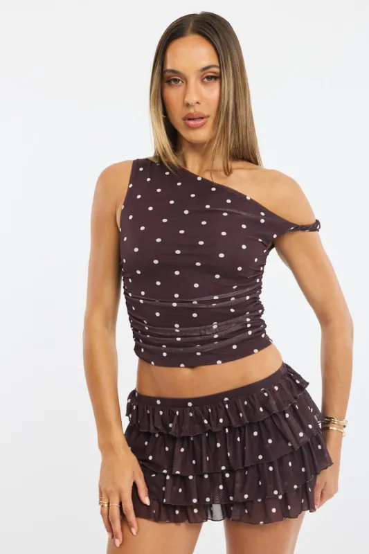 Brown Polka Dot Polka Dot Mesh Top Twist Off Shoulder sold by Ally Fashion