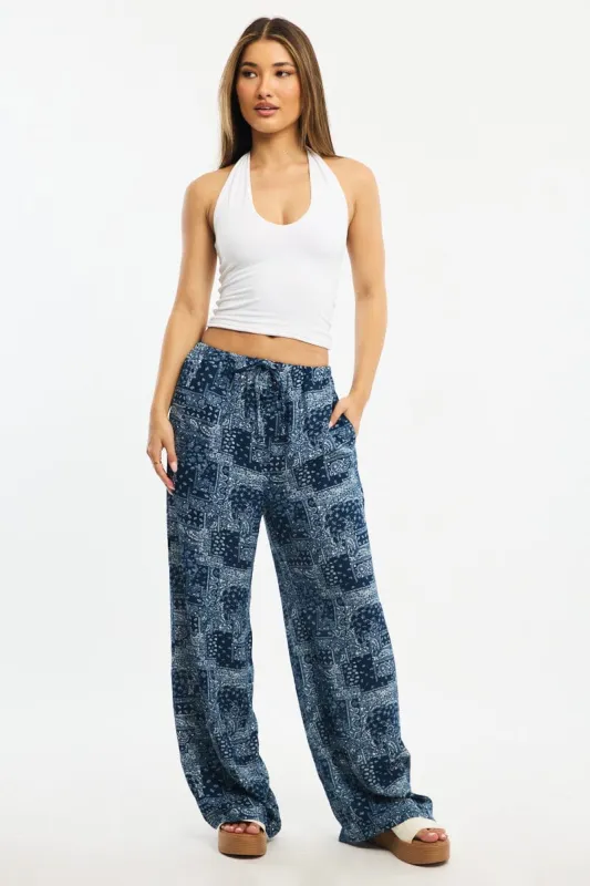 Blue Boho Wide Leg Pants Elasticated Waist sold by Ally Fashion