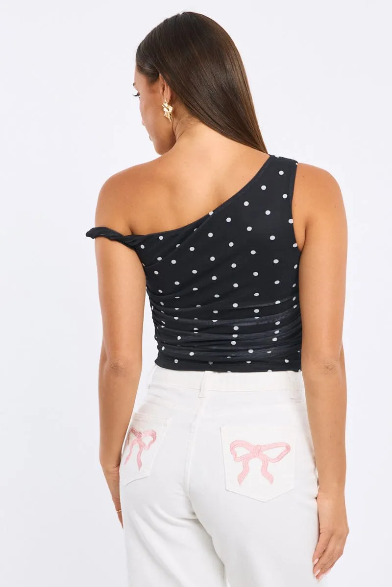 Black Polka Dot Polka Dot Mesh Top Twist Off Shoulder sold by Ally Fashion product image thumbnail 4