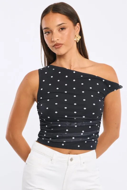Black Polka Dot Polka Dot Mesh Top Twist Off Shoulder made by Ally Fashion