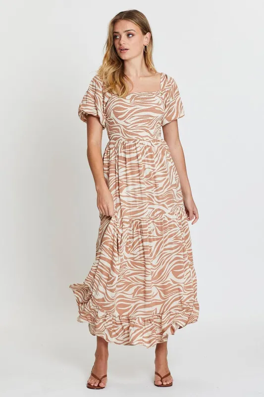 Print Shirred Dress Short Sleeve Maxi made by Ally Fashion