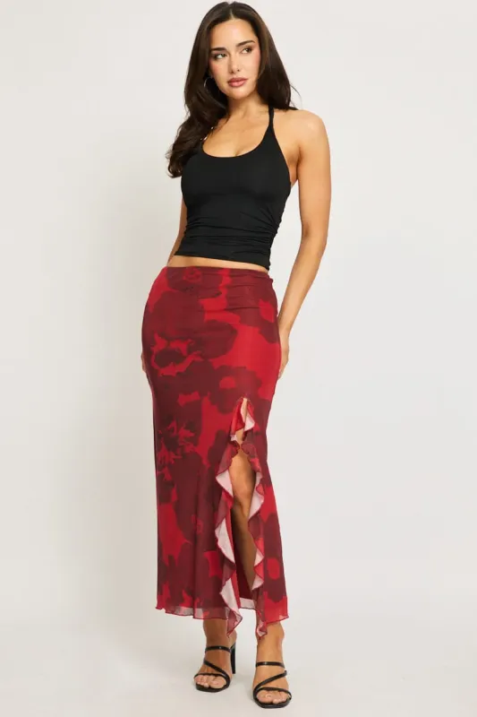 Red Floral Maxi Skirt High Rise Ruffled Frill Mesh made by Ally Fashion