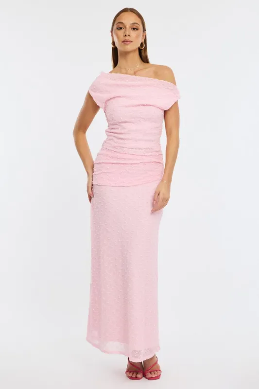 Pink Maxi Skirt Textured Gathered Waist Stretch Lined sold by Ally Fashion