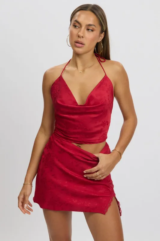Red Halter Top Sleeveless Cowl Neck Satin sold by Ally Fashion