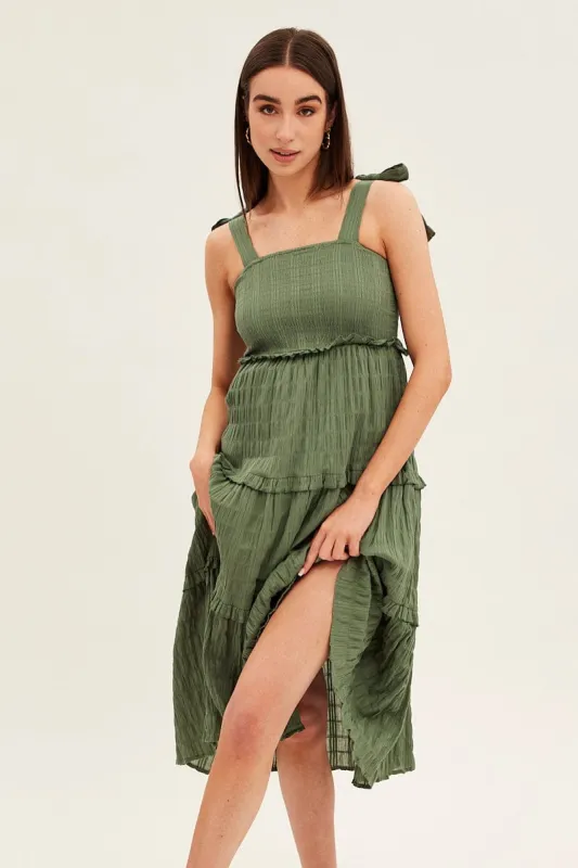 Green Midi Dress Sleeveless Shirred Texture Cotton sold by Ally Fashion