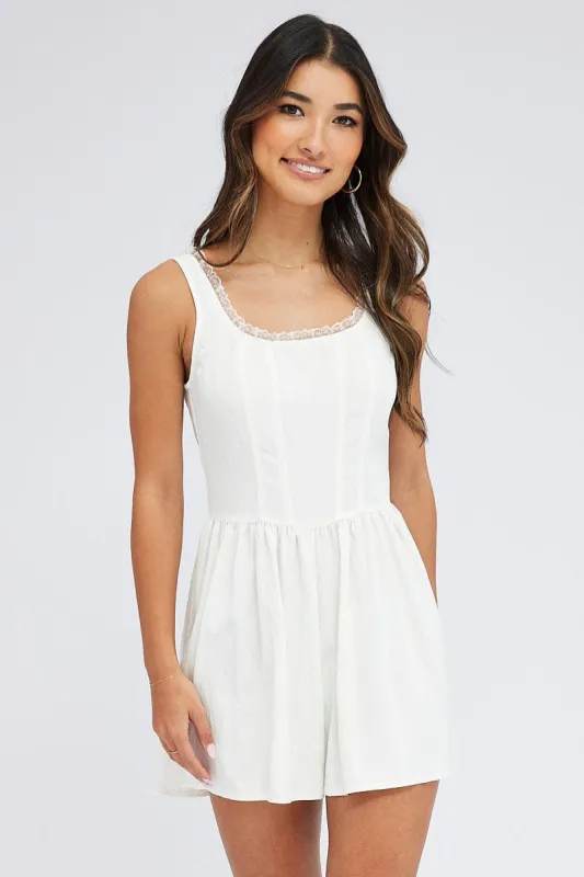 White Playsuit Sleeveless Scoop Neck Corset Detail Lace sold by Ally Fashion