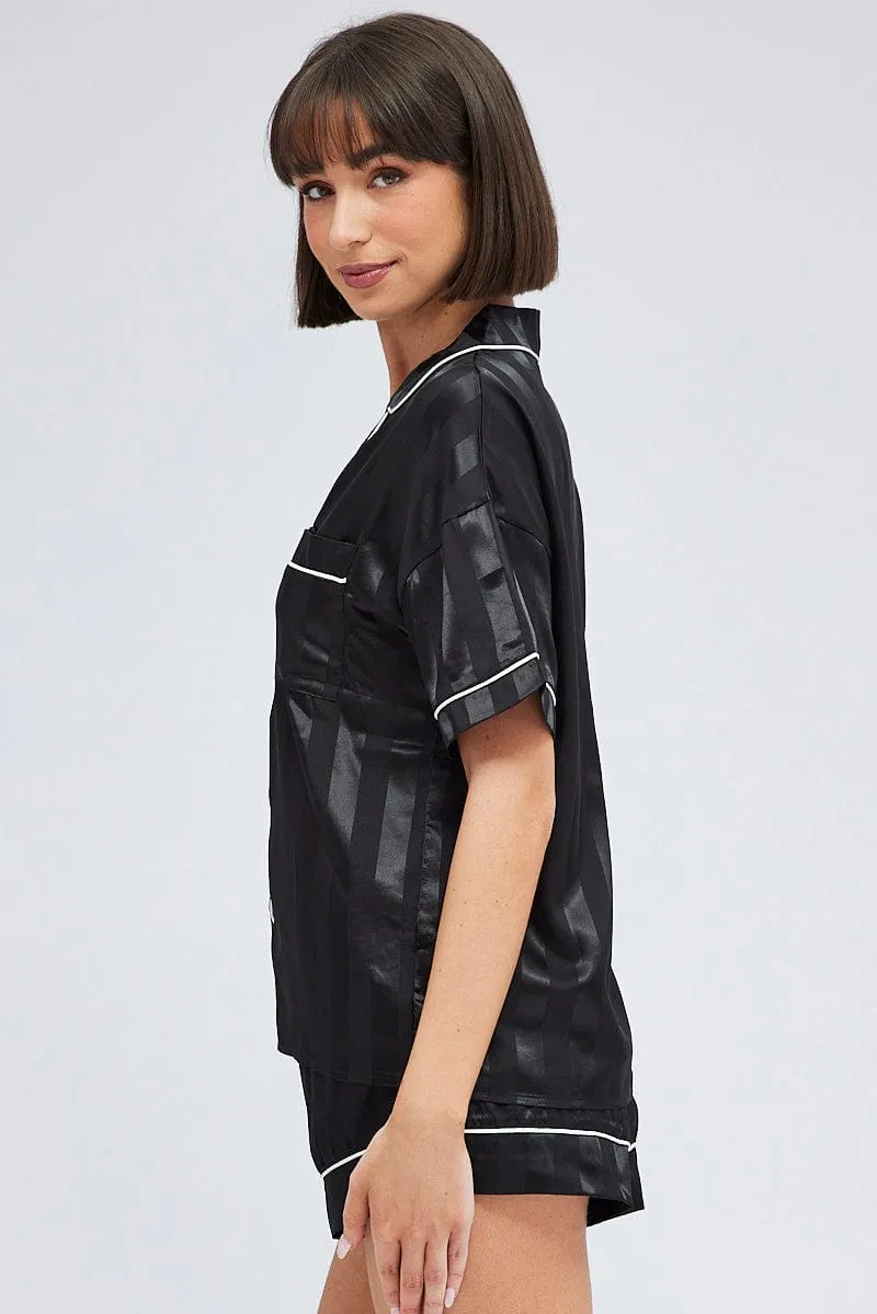 Black Stripe Pyjama Set Jacquard Stripe Satin Piping PJ sold by Ally Fashion product image thumbnail 4