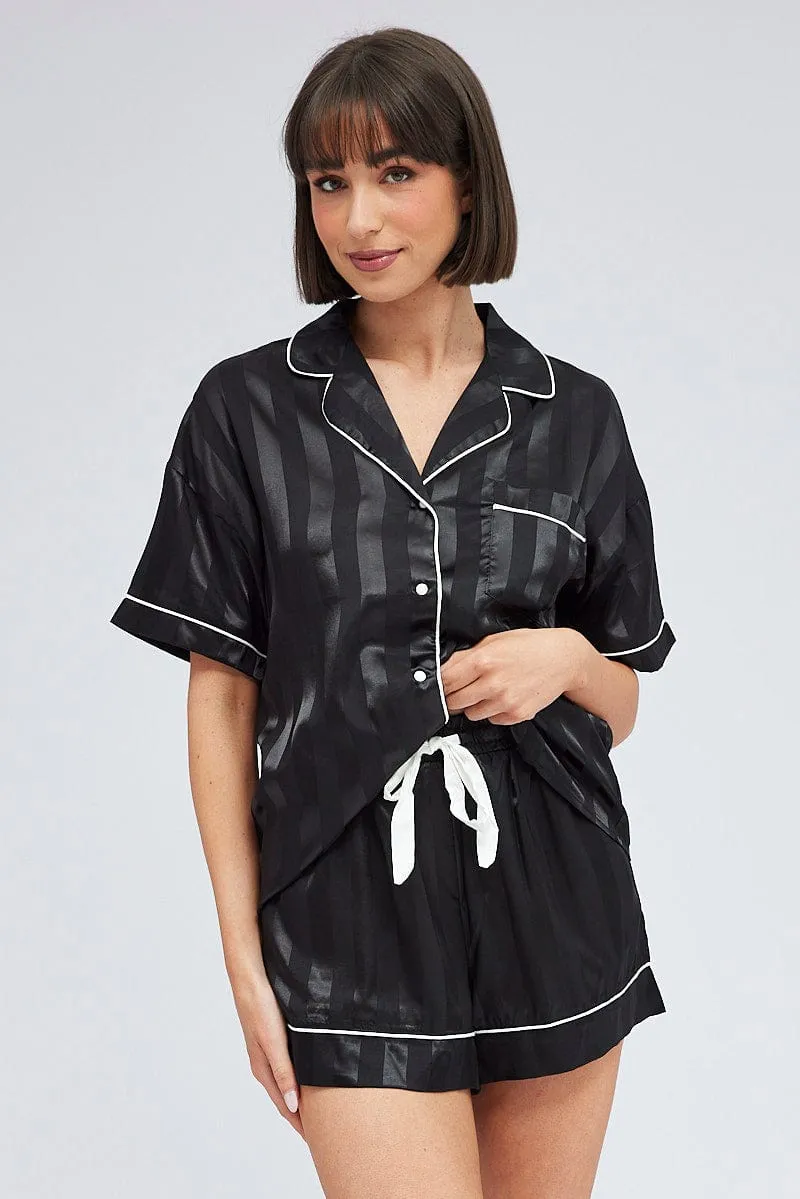 Black Stripe Pyjama Set Jacquard Stripe Satin Piping PJ sold by Ally Fashion