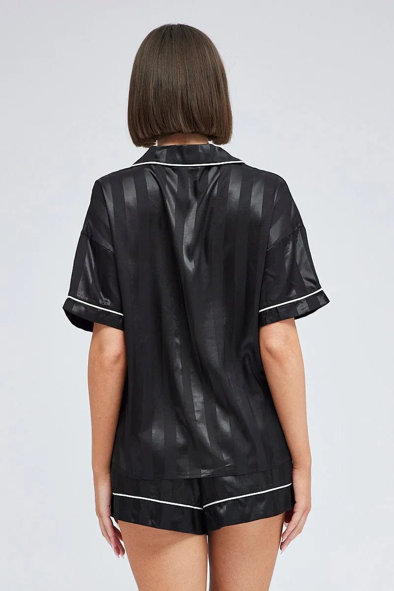 Black Stripe Pyjama Set Jacquard Stripe Satin Piping PJ sold by Ally Fashion product image thumbnail 5