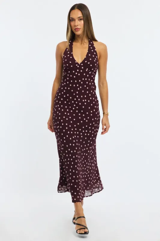 Red Polka Dot Midi Dress Halter Neck sold by Ally Fashion