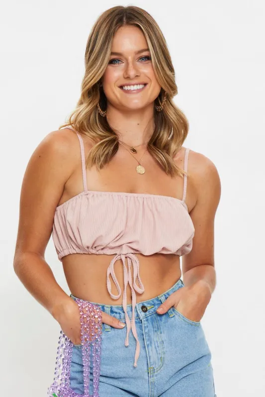 Pink Ribbed Jersey Tie Front Crop Bralette made by Ally Fashion