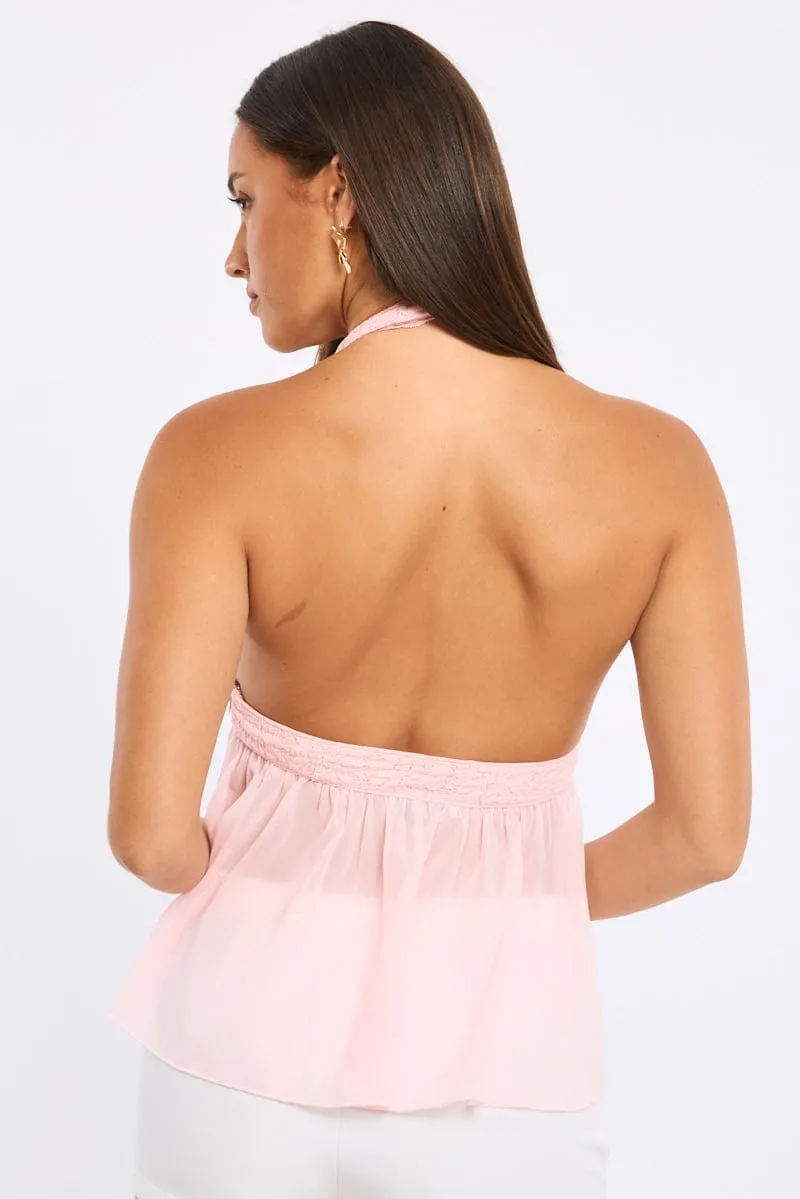 Pink Halter Lace Top Sleeveless Swing Hem Poly Chiffon sold by Ally Fashion product image thumbnail 4