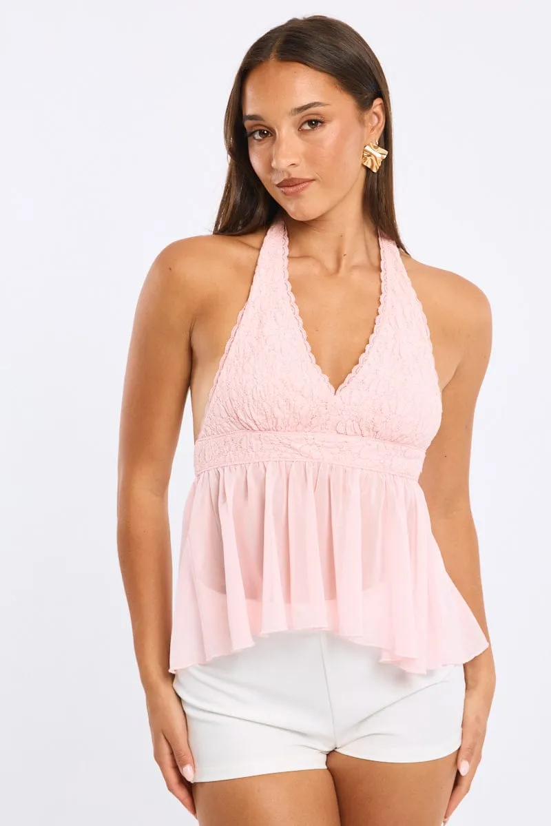 Pink Halter Lace Top Sleeveless Swing Hem Poly Chiffon sold by Ally Fashion