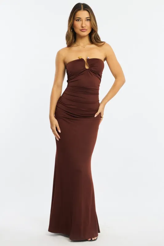 Brown Strapless Maxi Dress sold by Ally Fashion
