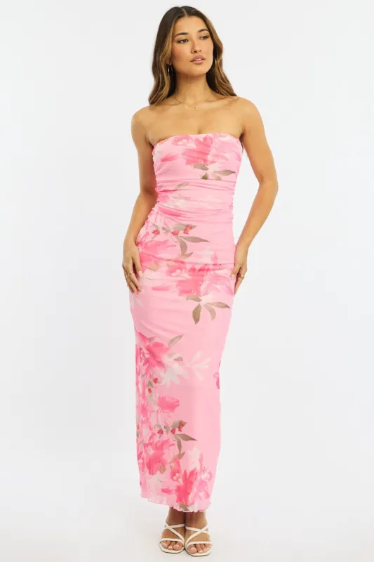 Pink Floral Strapless Maxi Dress sold by Ally Fashion