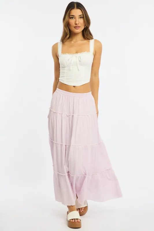 Pink Midi Skirt Tiered High Rise Lined Textured Cotton sold by Ally Fashion