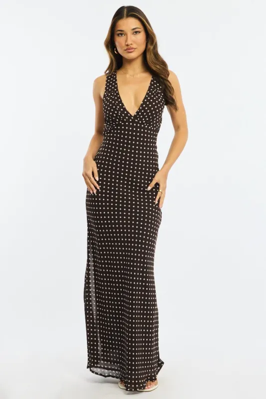 Brown Polka Dot Maxi Dress V-neck Chiffon sold by Ally Fashion