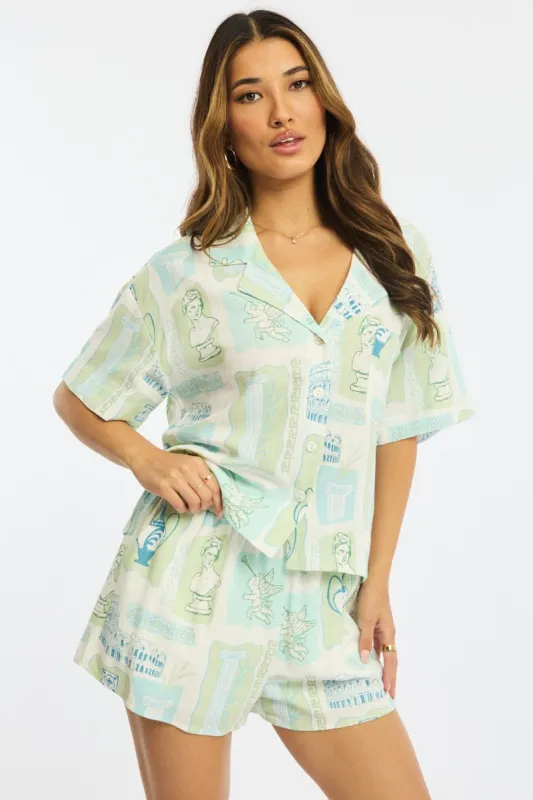 Green Abstract Cropped Shirt Short Sleeve Collared sold by Ally Fashion