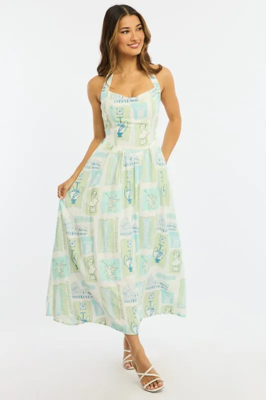 Green Abstract Maxi Dress Halter Neck sold by Ally Fashion