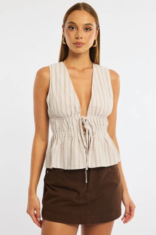 Beige Stripe Tie Up Vest Sleeveless sold by Ally Fashion