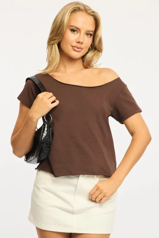 Brown Off Shoulder Tee Short Sleeve sold by Ally Fashion