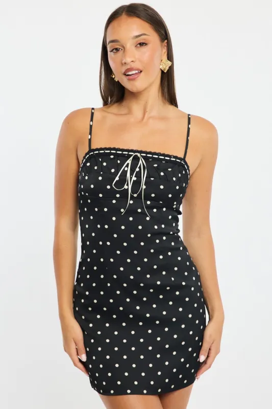 Black Polka Dot Mini Dress Satin sold by Ally Fashion