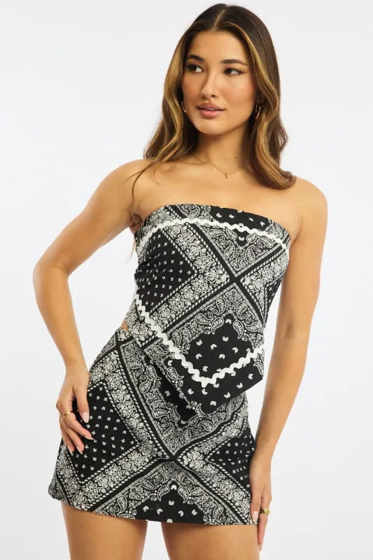 Black Paisley Linen Blend Mini Skort High Rise Shorts Lined sold by Ally Fashion